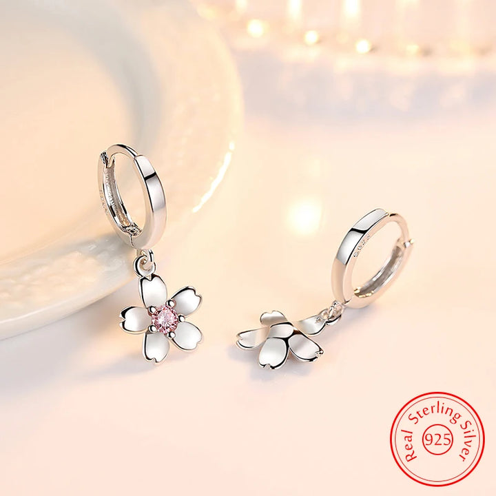 Elegant 925 Silver Zircon Flower Drop Earrings - Handbags & Co