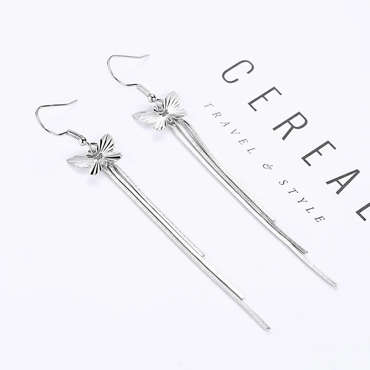 925 Silver Butterfly Chain Drop Earrings - Handbags & Co