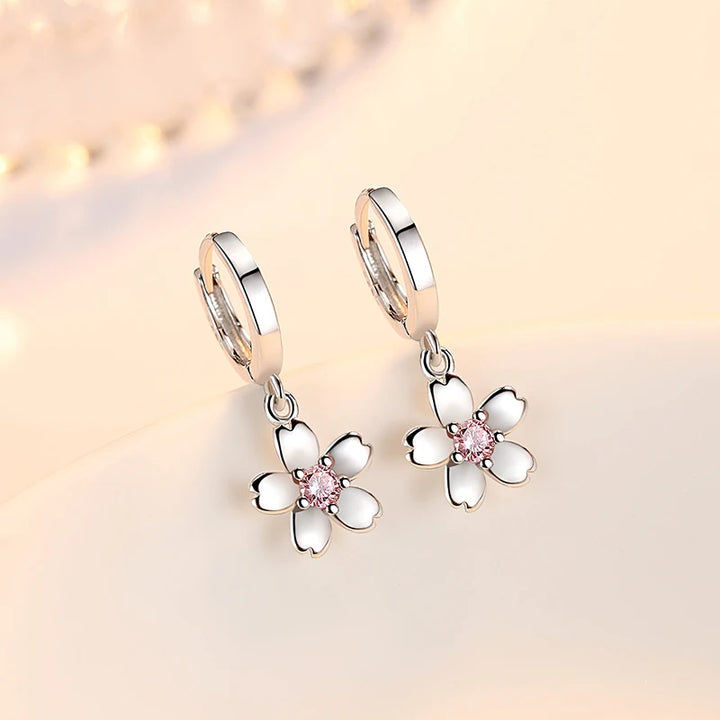 Elegant 925 Silver Zircon Flower Drop Earrings - Handbags & Co