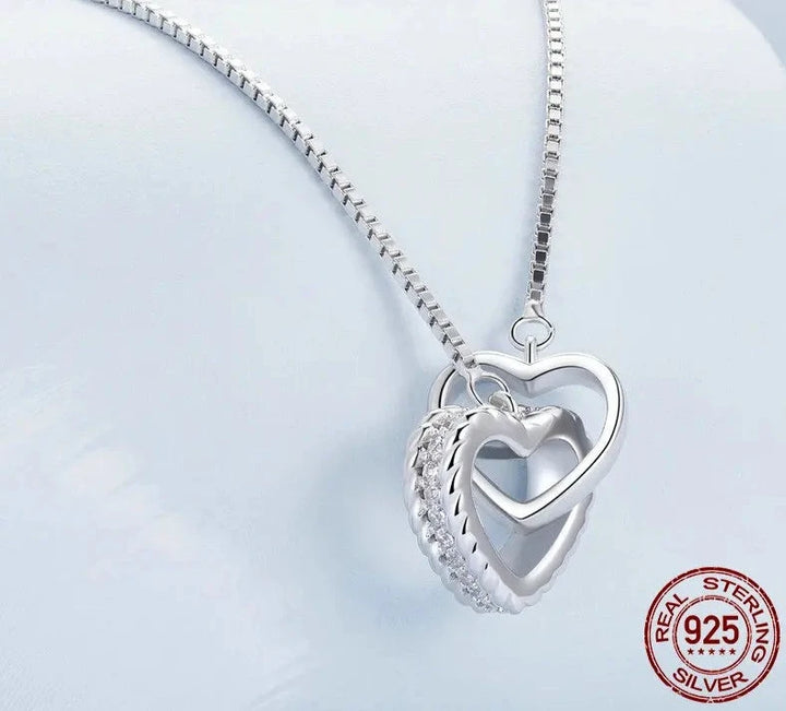 Silver Double Heart Necklace Clavicle Chain Link - HANDBAGS & CO