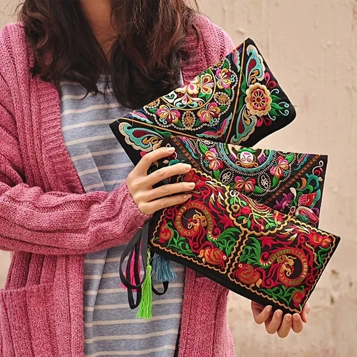 Retro Ethnic Embroidered Long Wallet Handbag - Handbags & Co