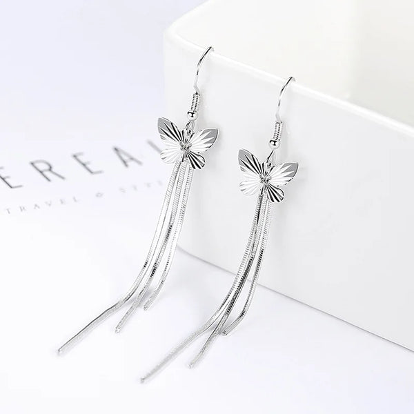 925 Silver Butterfly Chain Drop Earrings - Handbags & Co