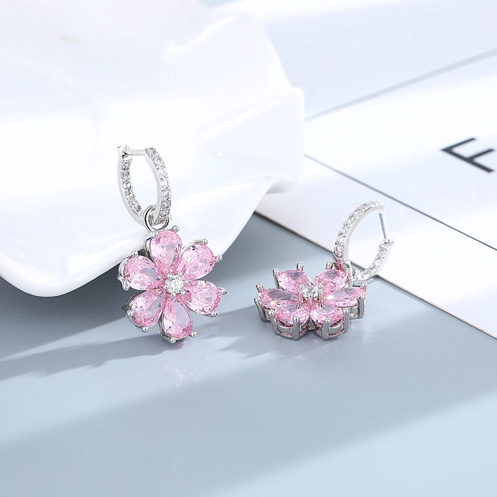 Pink Flower Zircon S925 Silver Drop Earrings - Handbags & Co