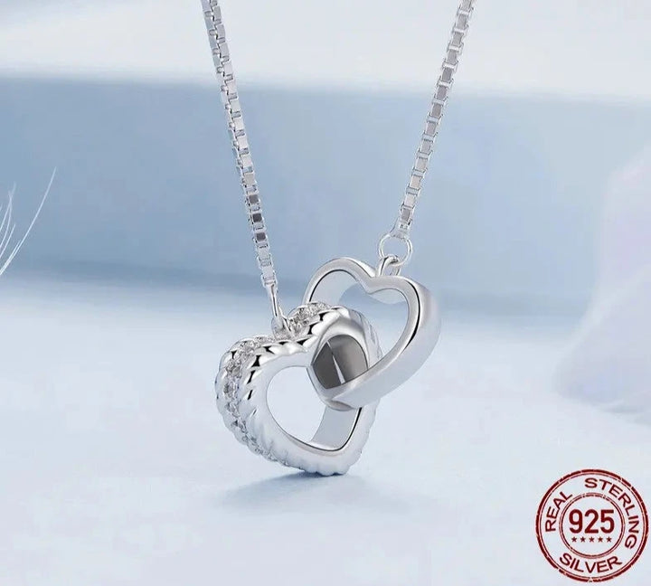 Silver Double Heart Necklace Clavicle Chain Link - HANDBAGS & CO