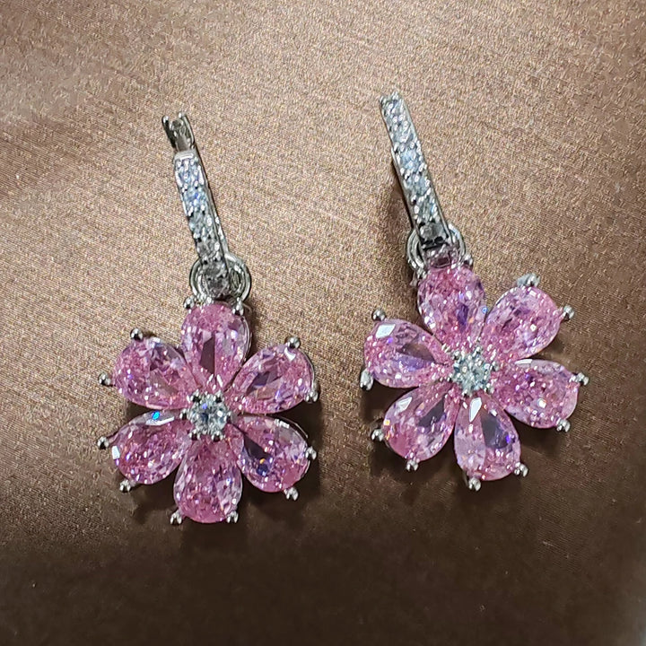 Pink Flower Zircon S925 Silver Drop Earrings - Handbags & Co