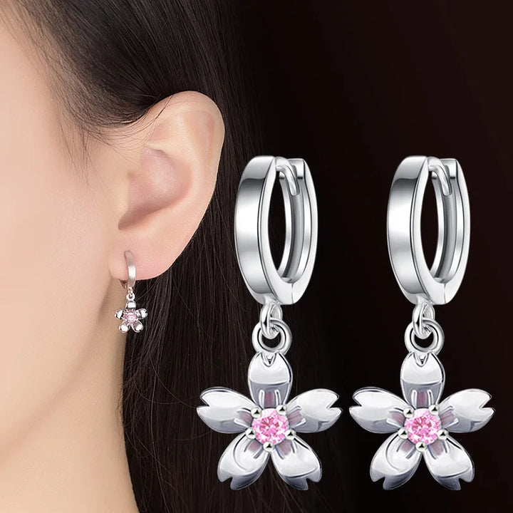 Elegant 925 Silver Zircon Flower Drop Earrings - Handbags & Co