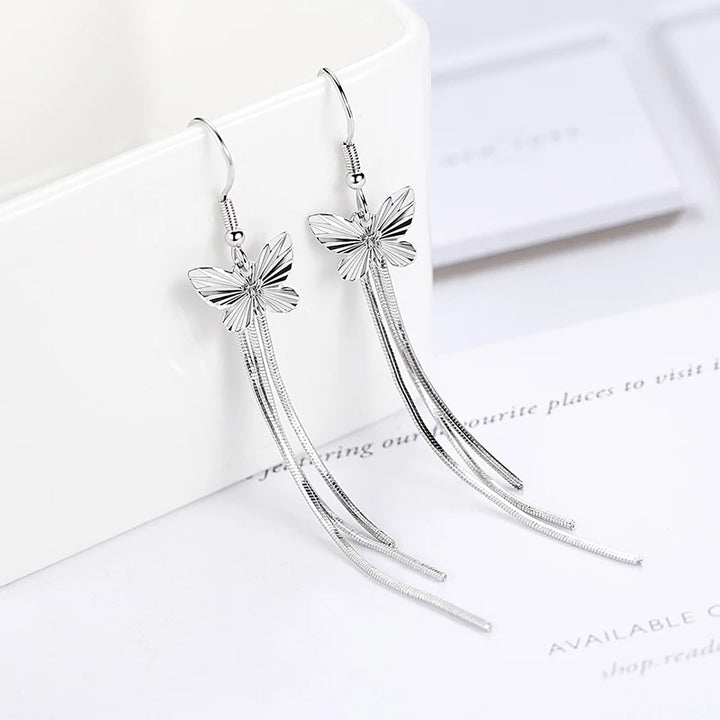 925 Silver Butterfly Chain Drop Earrings - Handbags & Co