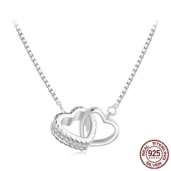 Silver Double Heart Necklace Clavicle Chain Link - HANDBAGS & CO